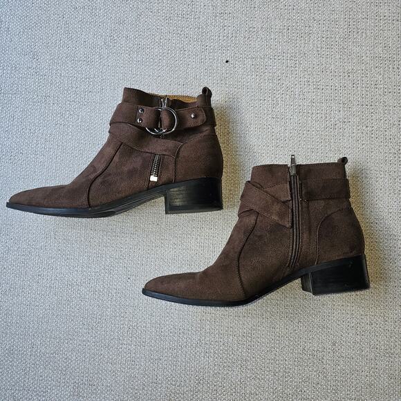 Nine West Brown Suede Feel Pointed Toe Buckle Detail Zip up Ankle Boots 9.5 M - Picture 3 of 9